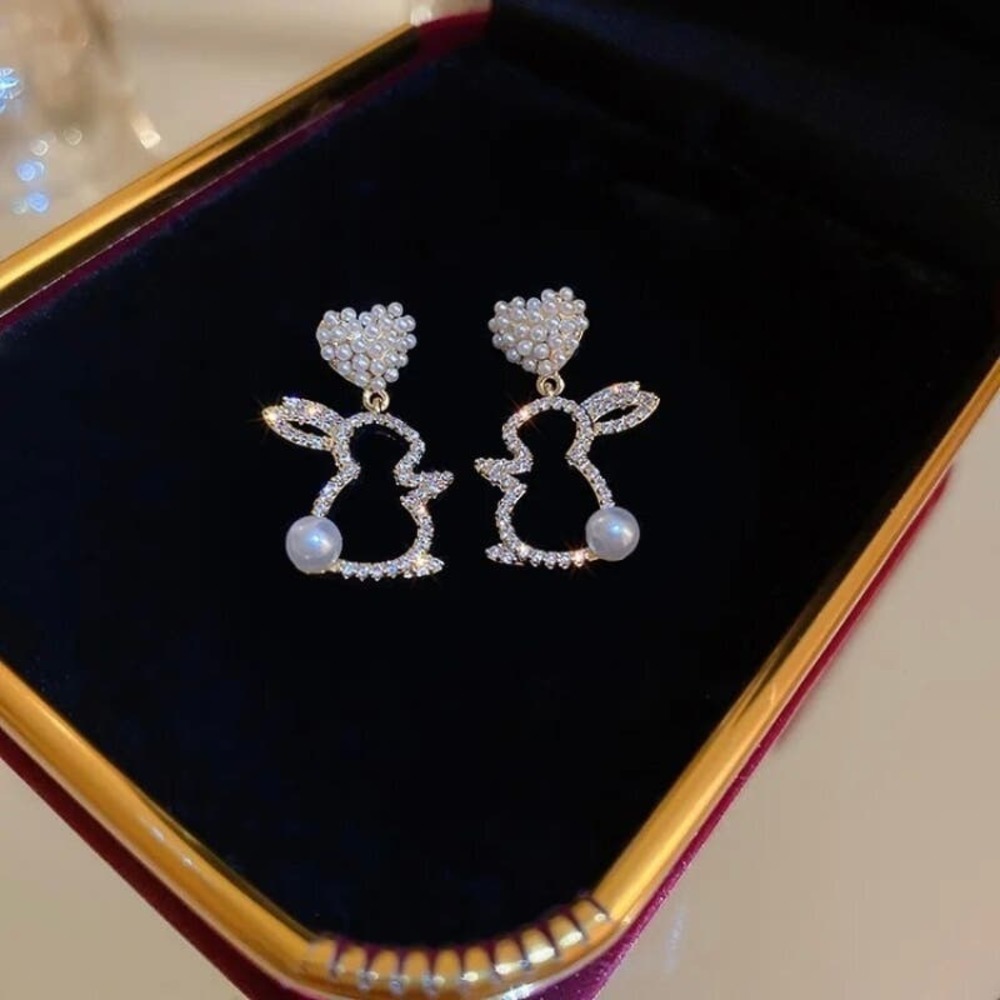 Pearl Rhinestone Dangle Easter Bunny Rabbit Earrings - Picture 2 of 13